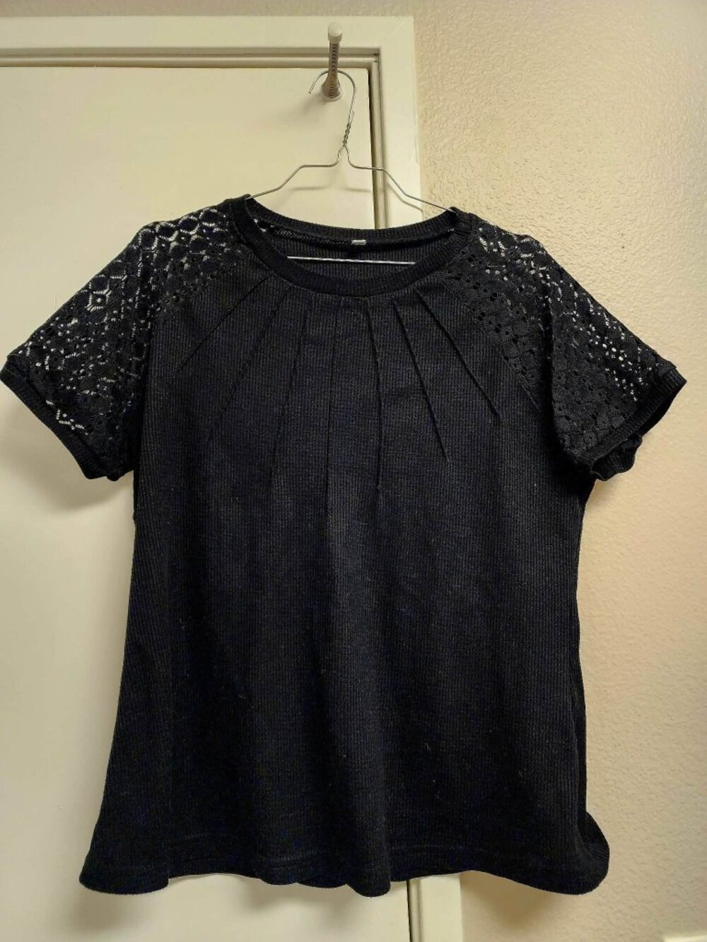 Fayenne Black Waffle Knit Top w/ Lace Sleeves | Dressy Casual Blouse
